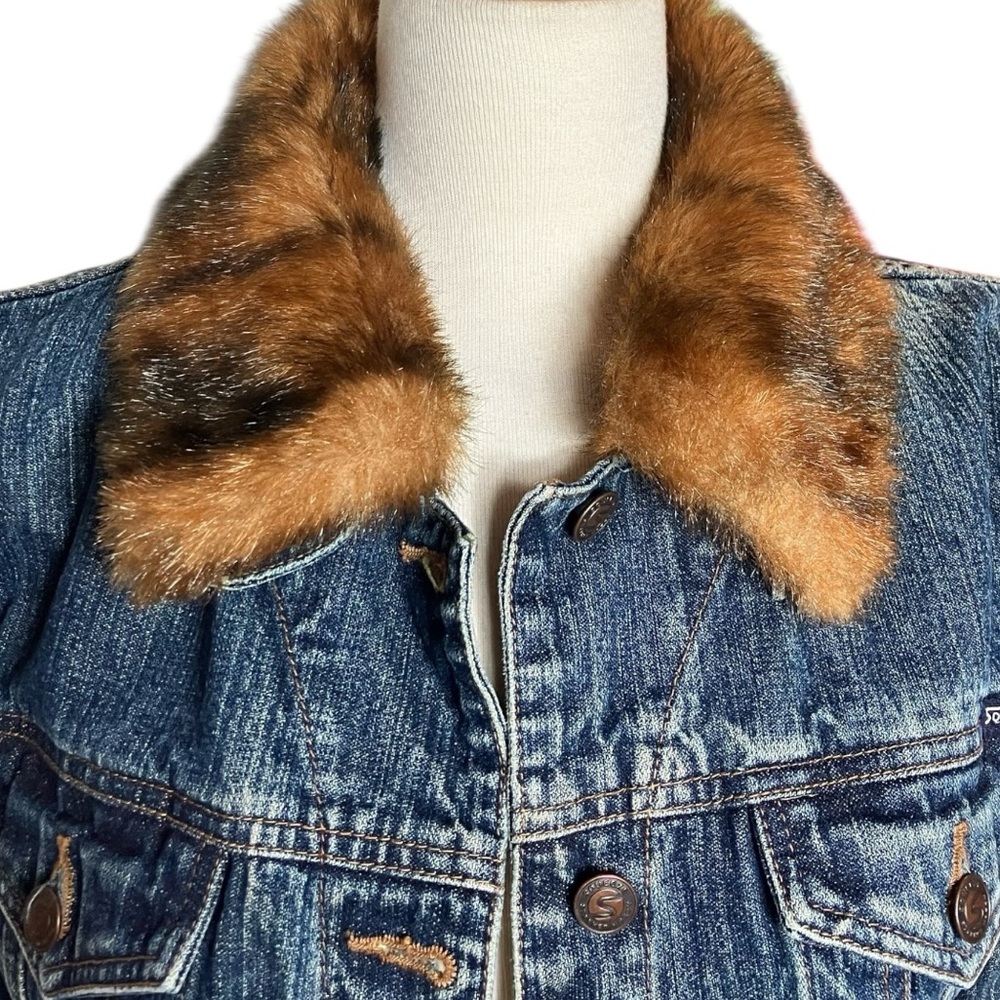 VINTAGE Y2K Stephen Hardy Squeeze Brown Faux Fur Collar Denim Jean Jacket Large - Picture 2 of 9